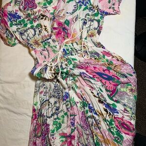 Boho chic Floral Printed Cinched Waist Maxi Dress - Pink & Green
